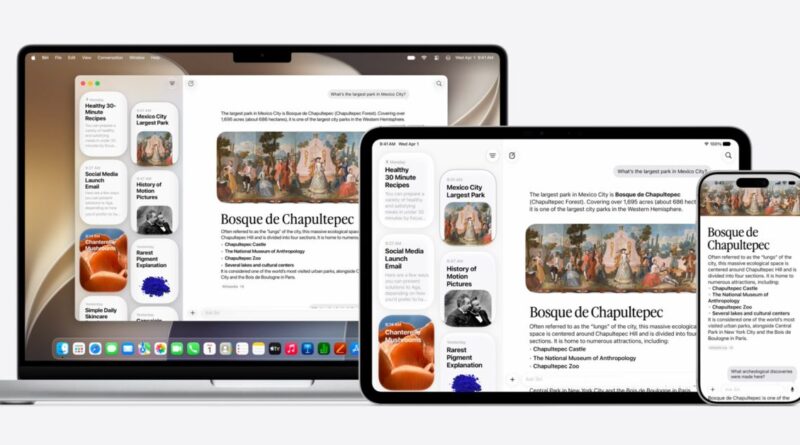 MacBook, iPad, and iPhone show a document titled 'Bosque de Chapultepec' with side panels and floating info cards on a light background as a promo image.
