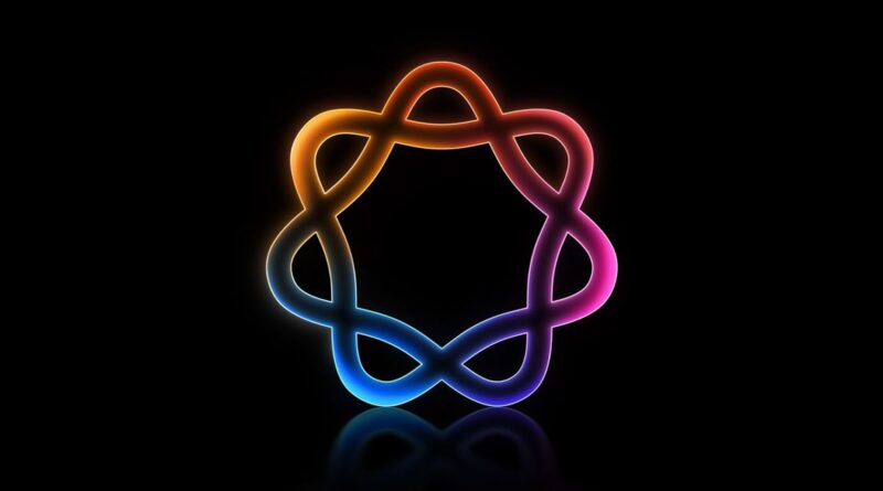 Glowing multicolor looping knot in a circular, flower-like shape against a black background, with a subtle reflection below.