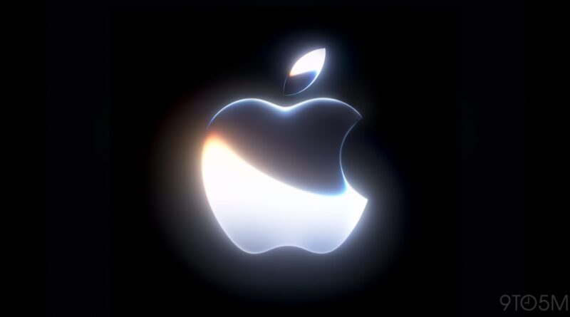 Glowing, neon-like Apple logo against a dark background, with soft blue and orange highlights.