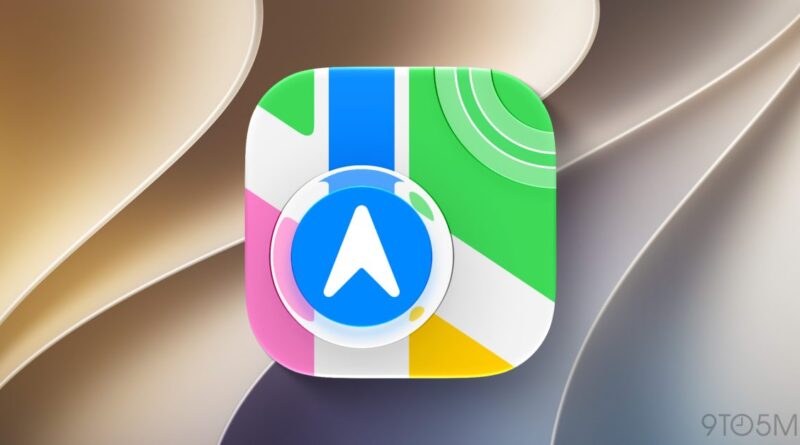App icon for a maps/navigation app featuring a blue arrow/compass over a colorful folded-map background.