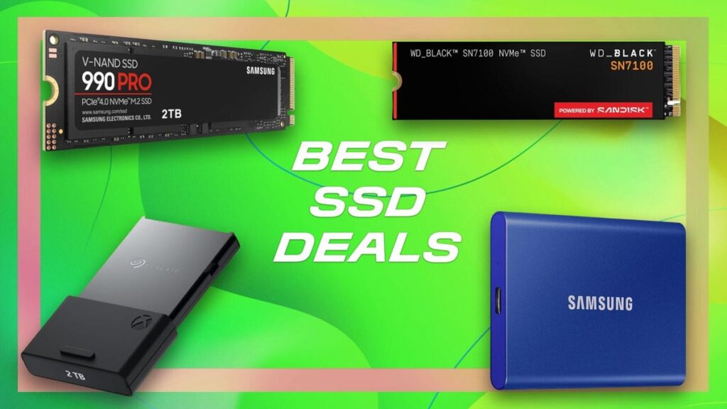 Promotional banner featuring four SSDs around the bold 'BEST SSD DEALS' text on a neon green backdrop.