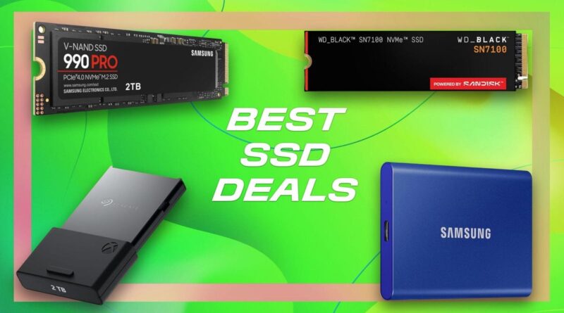 Promotional banner featuring four SSDs around the bold 'BEST SSD DEALS' text on a neon green backdrop.