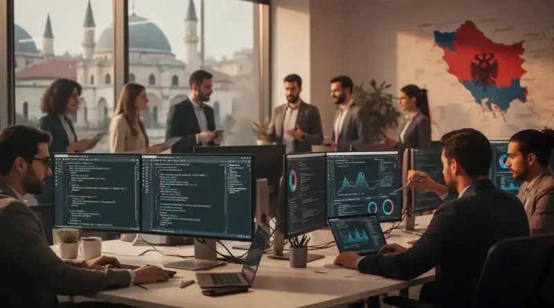 Team of software developers coding at desks with multiple monitors; colleagues stand and discuss in the background near a wall map of Albania.