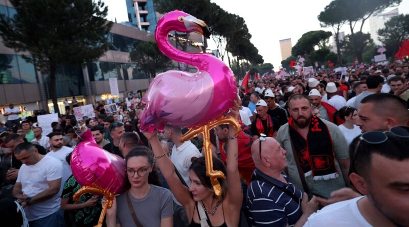 Crowd of protesters in an urban street, many holding signs with two large pink flamingo balloons in the foreground.