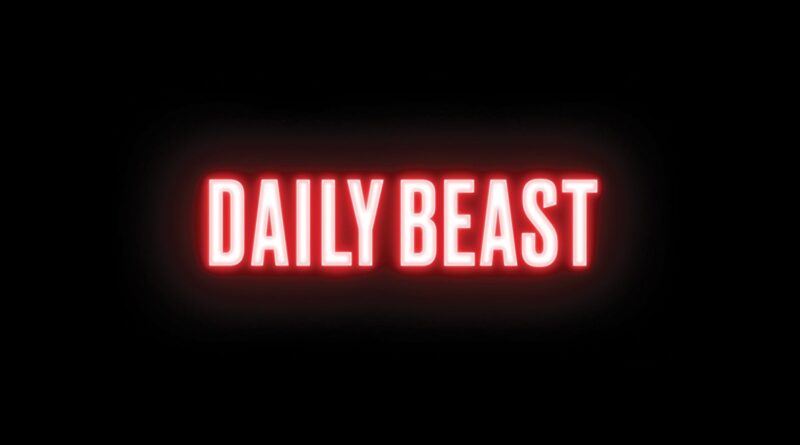 Neon red 'DAILY BEAST' logo on a black background, glowing glow