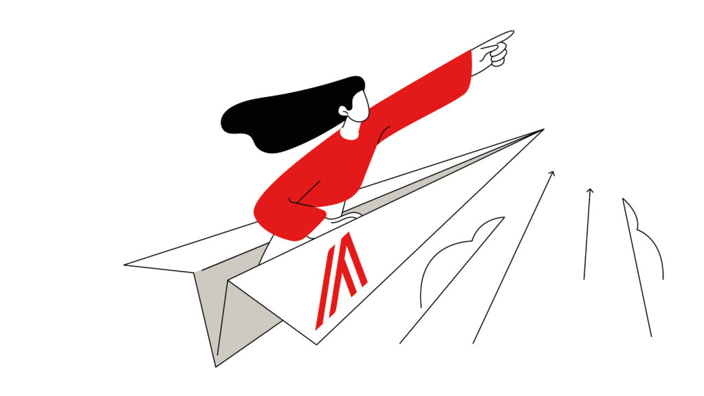 Person in a red outfit leaps onto a stylized paper airplane, with motion lines suggesting speed and forward motion.