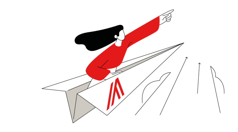 Person in a red outfit leaps onto a stylized paper airplane, with motion lines suggesting speed and forward motion.