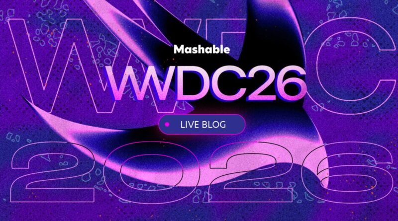 Mashable WWDC26 live blog banner in purple—announcement for 2026 event coverage.