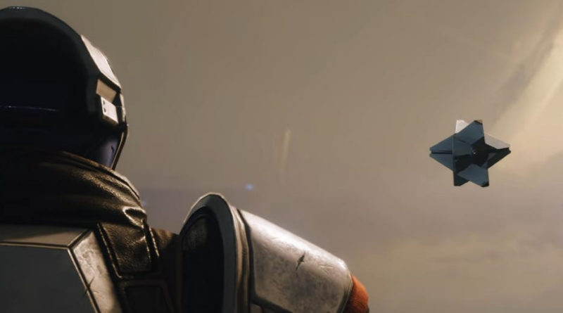 Armored sci-fi soldier watches a blue geometric star-shaped object floating in a hazy space backdrop.