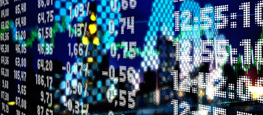 Abstract stock market data visualization with glowing numbers and graphs on a blue background.