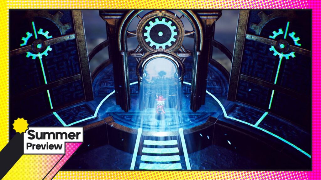 Futuristic chamber with glowing teal cog symbols and a bright blue beam projecting through an arched doorway; stylized sci-fi set with neon accents and a 'Summer Preview' graphic in the corner.