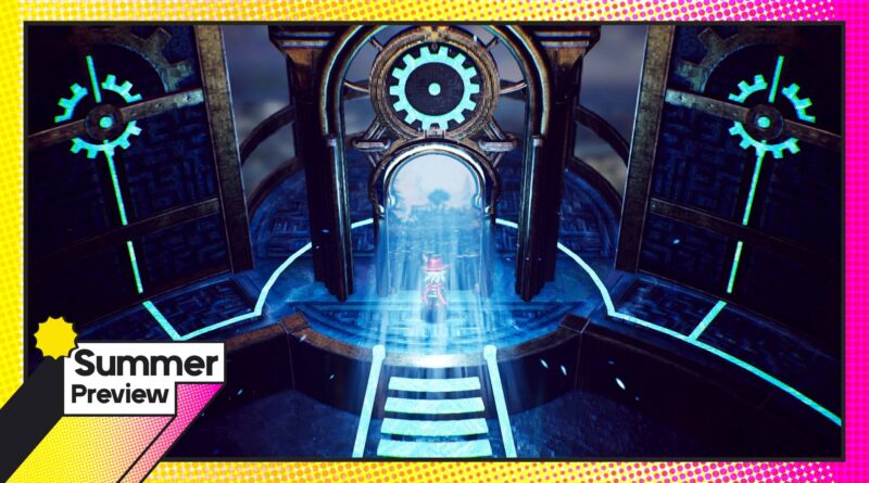 Futuristic chamber with glowing teal cog symbols and a bright blue beam projecting through an arched doorway; stylized sci-fi set with neon accents and a 'Summer Preview' graphic in the corner.