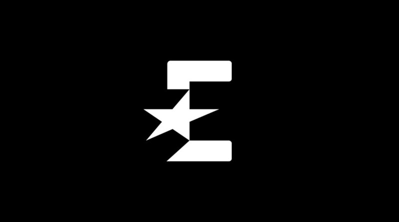 White stylized letter E with a star intersecting the middle on a black background (logo)