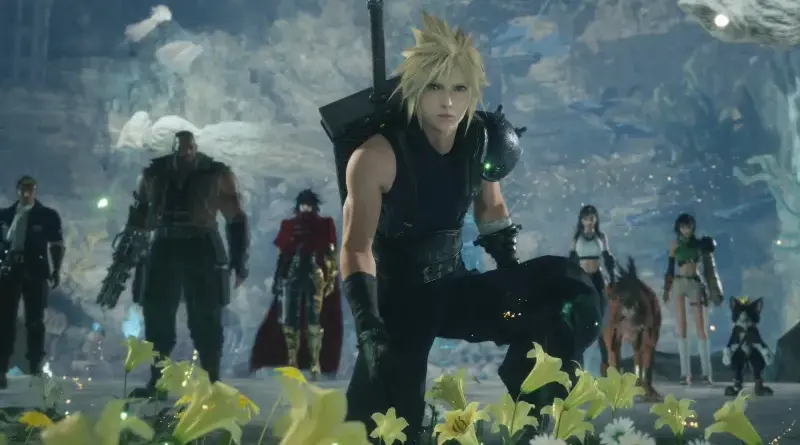Cloud Strife kneels among yellow flowers with a team of diverse adventurers in a cavernous landscape, glowing orbs and sparkles around them.