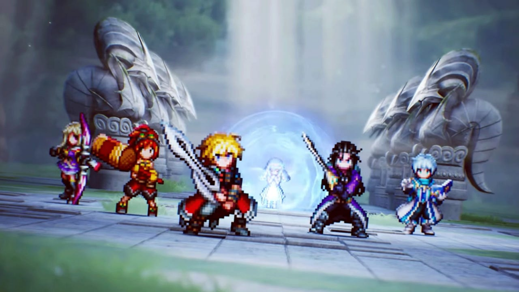 Pixel-art fantasy party of five warriors prepares to attack before a glowing portal in a fantasy courtyard.