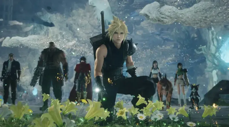 Cloud Strife kneels at the forefront in a flower-filled cavern, sword on back, with a diverse party behind him.