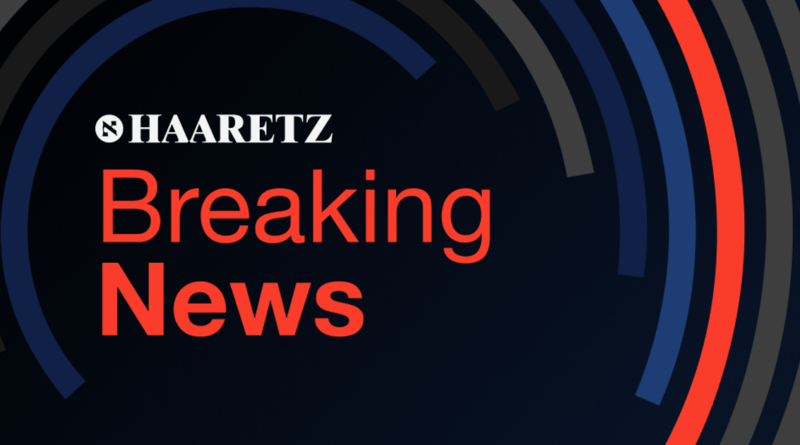 Haaretz Breaking News banner with bold red 'Breaking News' text on a dark gradient background and curved blue-gray arcs.