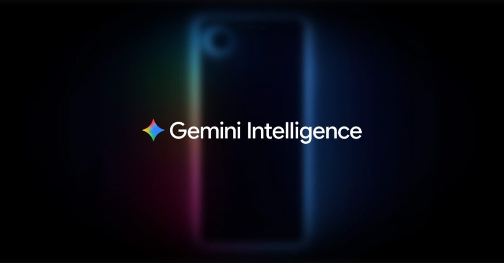 Gemini Intelligence logo with a multicolored diamond/star mark on a dark gradient background