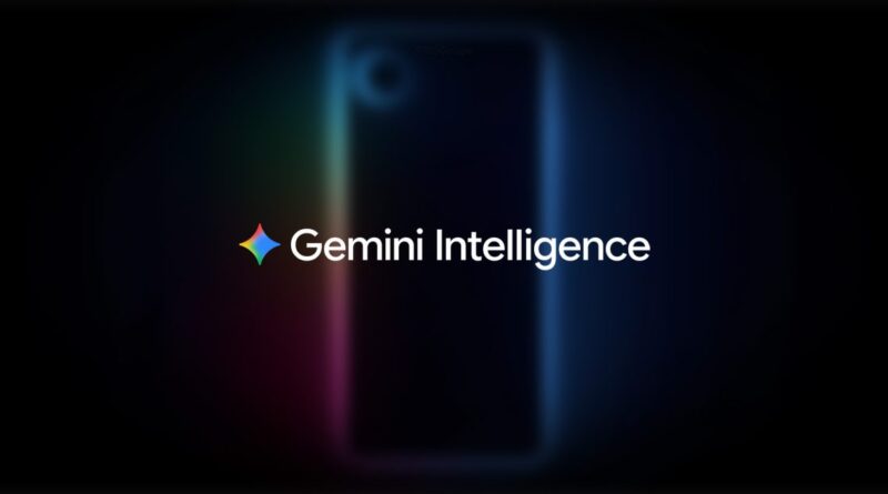 Gemini Intelligence logo with a multicolored diamond/star mark on a dark gradient background