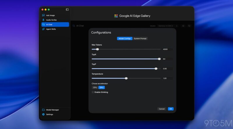 Screenshot of Google AI Edge Gallery showing a dark UI with a Configurations panel containing sliders for Max Tokens, TopK, TopP, Temperature.