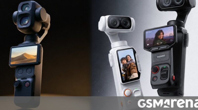 Three handheld smartphone gimbals with built‑in screens showing sample footage, aligned side by side in a studio shot, GSMArena watermark visible