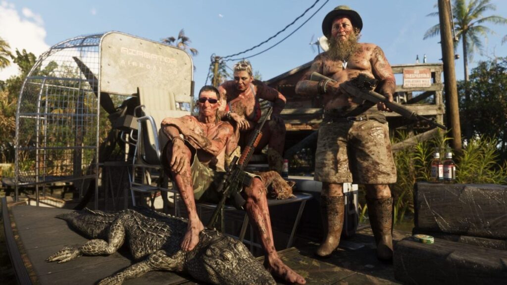 Three muddy people posing with rifles on a truck bed; a large crocodile figure lies at their feet.