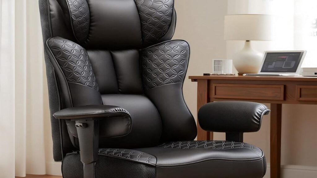 Black leather massage chair in a home office beside a wooden desk with a laptop on top.