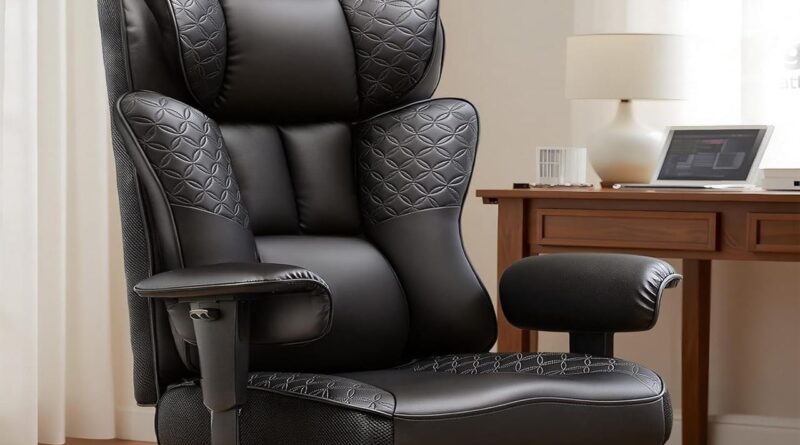 Black leather massage chair in a home office beside a wooden desk with a laptop on top.