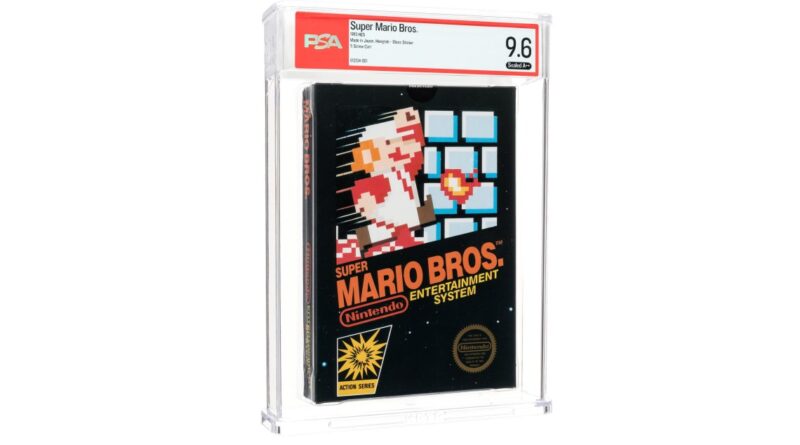 Sealed graded copy of Super Mario Bros. (NES) in a clear display case, PSA 9.6