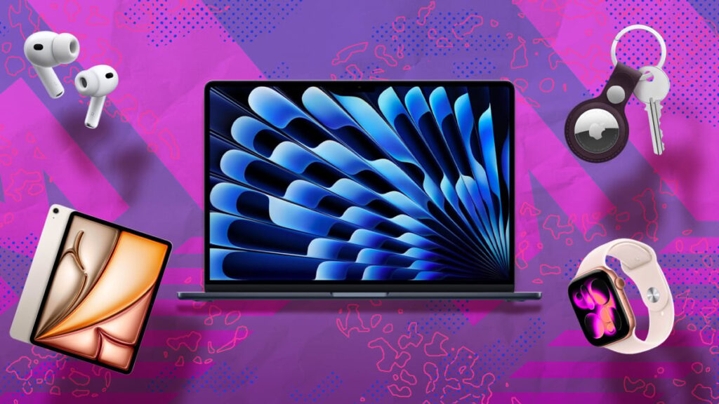 Collage of Apple devices—laptop center, tablet bottom left, AirPods top left, Apple Watch bottom right, and keys—on a vibrant purple background.