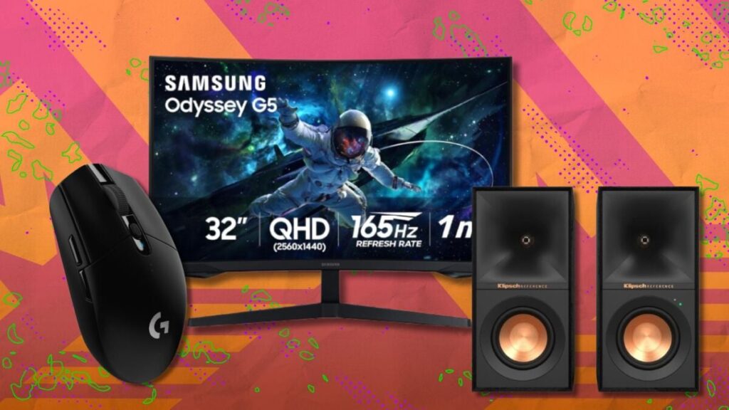 Gaming setup with a 32" Samsung Odyssey G5 monitor, black wireless mouse, and two Klipsch speakers on a colorful background, ideal for gaming.
