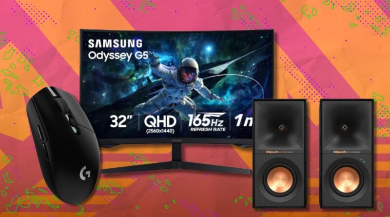Gaming setup with a 32" Samsung Odyssey G5 monitor, black wireless mouse, and two Klipsch speakers on a colorful background, ideal for gaming.