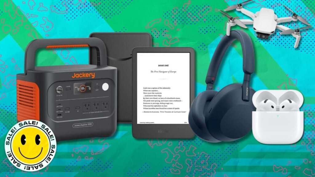 Collage of tech gadgets: a portable power station, a tablet, a drone, over‑ear headphones, wireless earbuds in a case, and a circular sale sticker with a yellow smiley face.