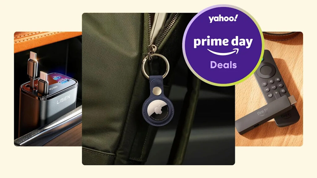 Yahoo Prime Day Deals banner showing three product panels: USB-C charger, bag zipper keychain, and remote on a wooden surface.
