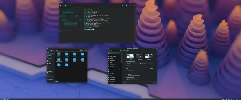 Linux desktop with three dark-themed windows: terminal, file explorer, and system settings, on a purple abstract background.