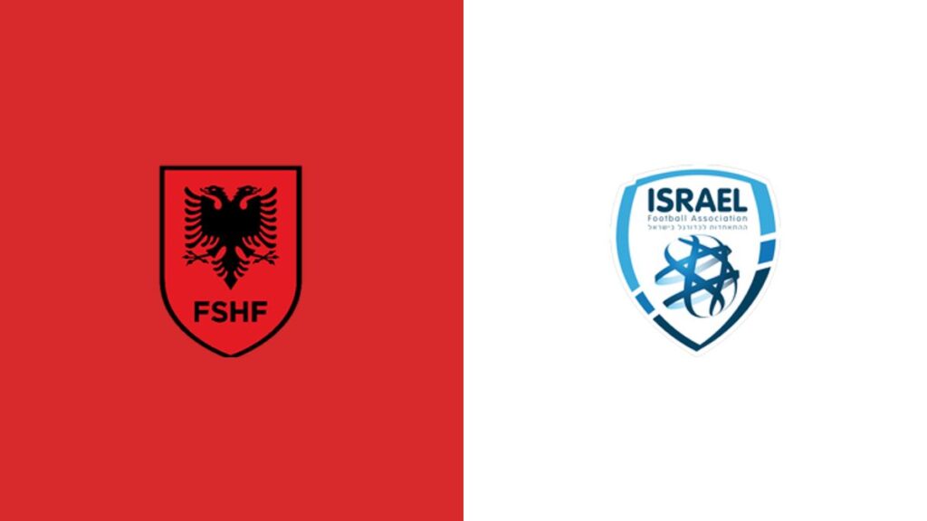 Split image with Albania Football Association logo on red background (left) and Israel Football Association logo on white background (right).