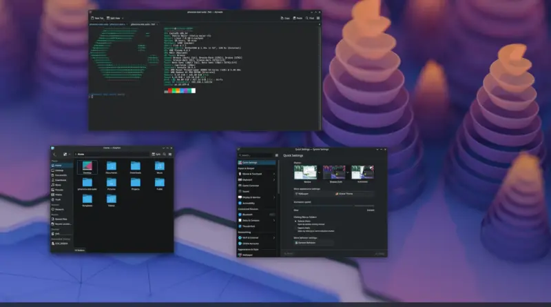 Linux desktop with three dark-themed windows: terminal, file explorer, and system settings, on a purple abstract background.