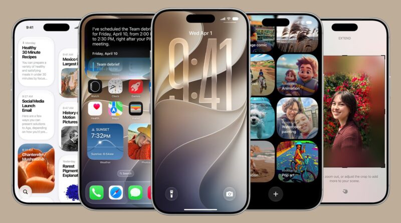 Row of overlapping iPhone screens displaying different home screens and app icons.