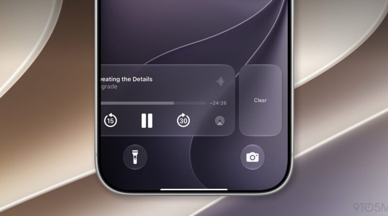 Close-up of an iPhone bottom screen showing the Control Center with a music playback card, Clear button, flashlight and camera shortcuts.