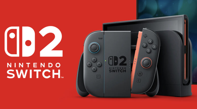 Nintendo Switch system with dock and two controllers on a red background, showcasing the branding 'Nintendo Switch.'