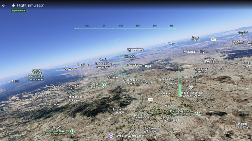 Aerial view over the Mexico City area in a flight simulator, with labeled towns and parks and a green navigation arc HUD at the top.