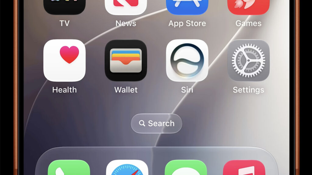 iPhone home screen with Health, Wallet, Siri, and Settings icons and a central Search button