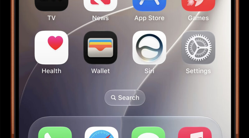 iPhone home screen with Health, Wallet, Siri, and Settings icons and a central Search button