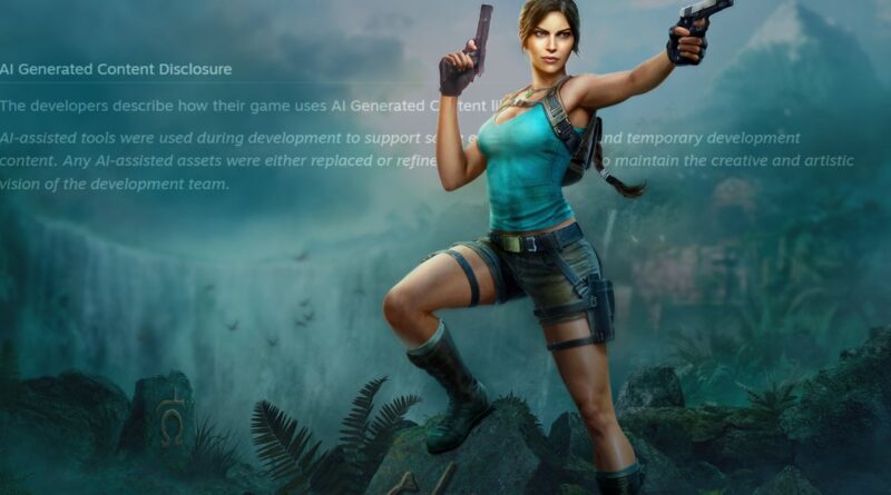 Heroic female action-game character in a teal top, dual-wielding pistols, standing on a rocky ledge in a jungle backdrop with a blue-green hue (image includes AI-generated content disclosure text).] ,