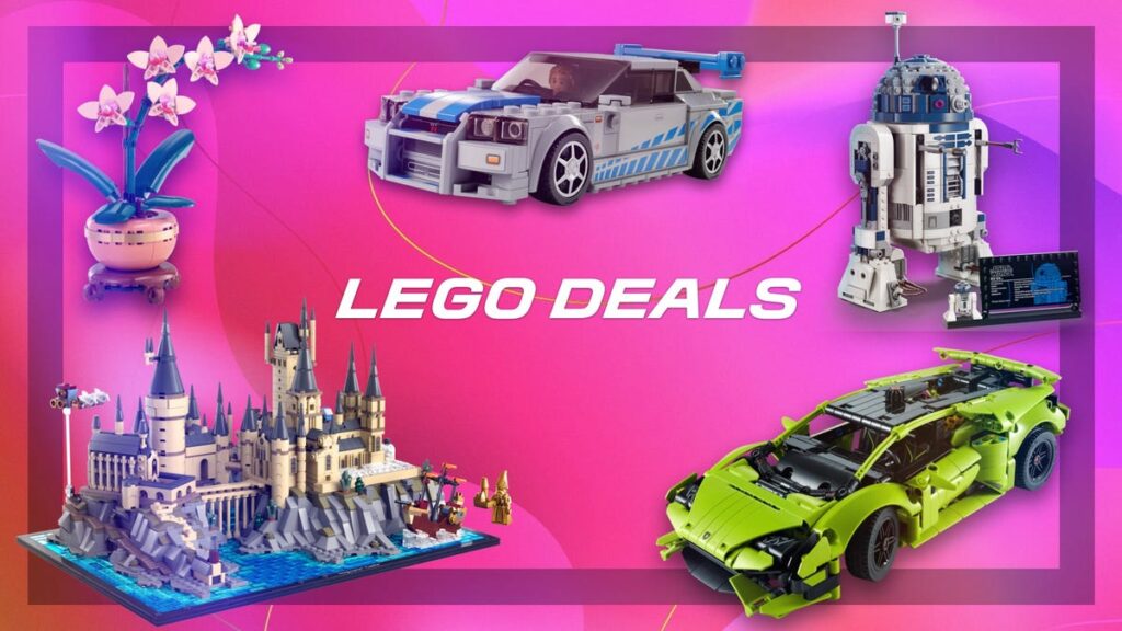 Promotional LEGO Deals banner showing multiple LEGO models—a blue-white sports car, lime-green race car, a castle, and an R2-D2-like droid—on a pink gradient background with a potted orchid to the left and 'LEGO DEALS' in the center.