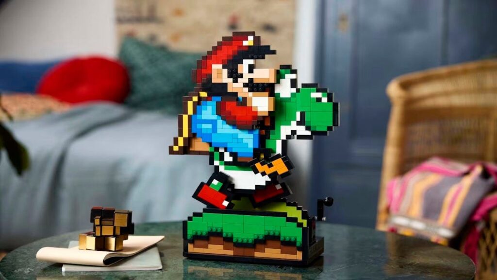 Pixelated LEGO Mario riding a green Yoshi figure on a green base, placed on a glass table in a cozy room.