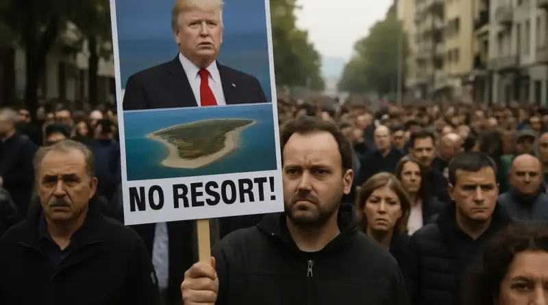 Protester holding a large poster featuring a photo of Donald Trump above an aerial view of an island with the bold caption 'NO RESORT!' on a city street.