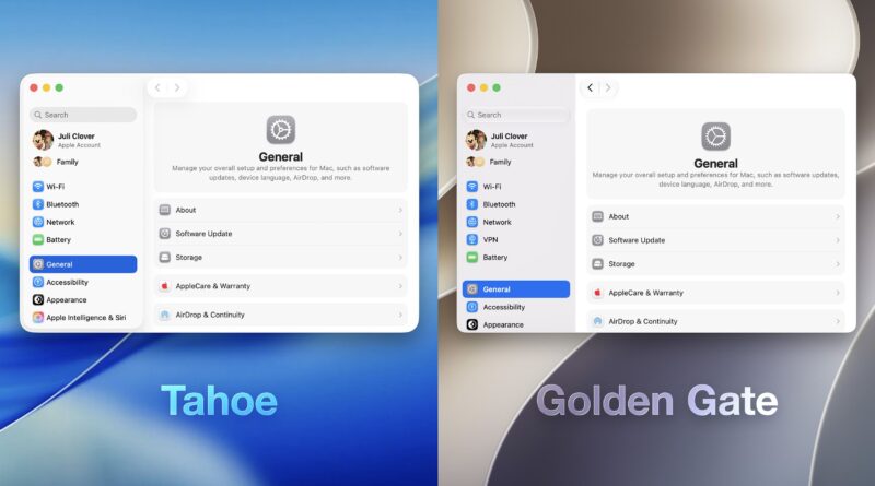Split-screen macOS System Settings: left side shows Tahoe wallpaper with General settings open in the sidebar; right side shows Golden Gate wallpaper with General settings open as well.