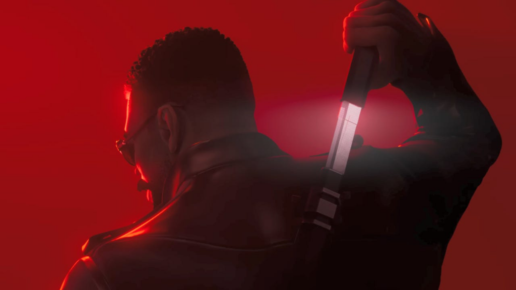 Person seen from behind, holding a glowing knife raised over their shoulder against a red-lit background.