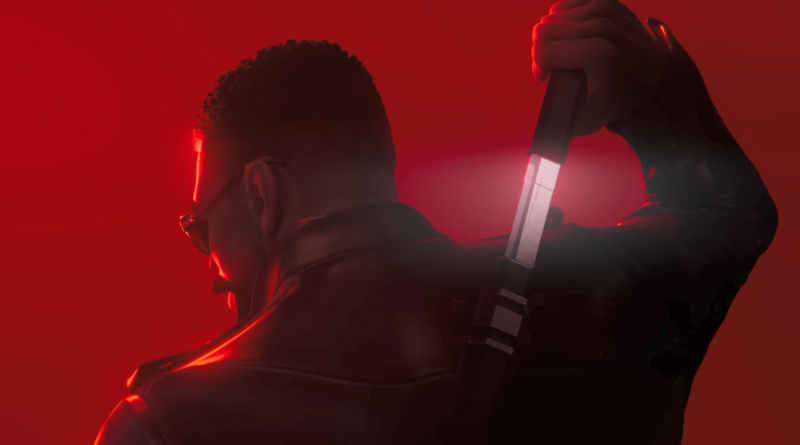 Person seen from behind, holding a glowing knife raised over their shoulder against a red-lit background.